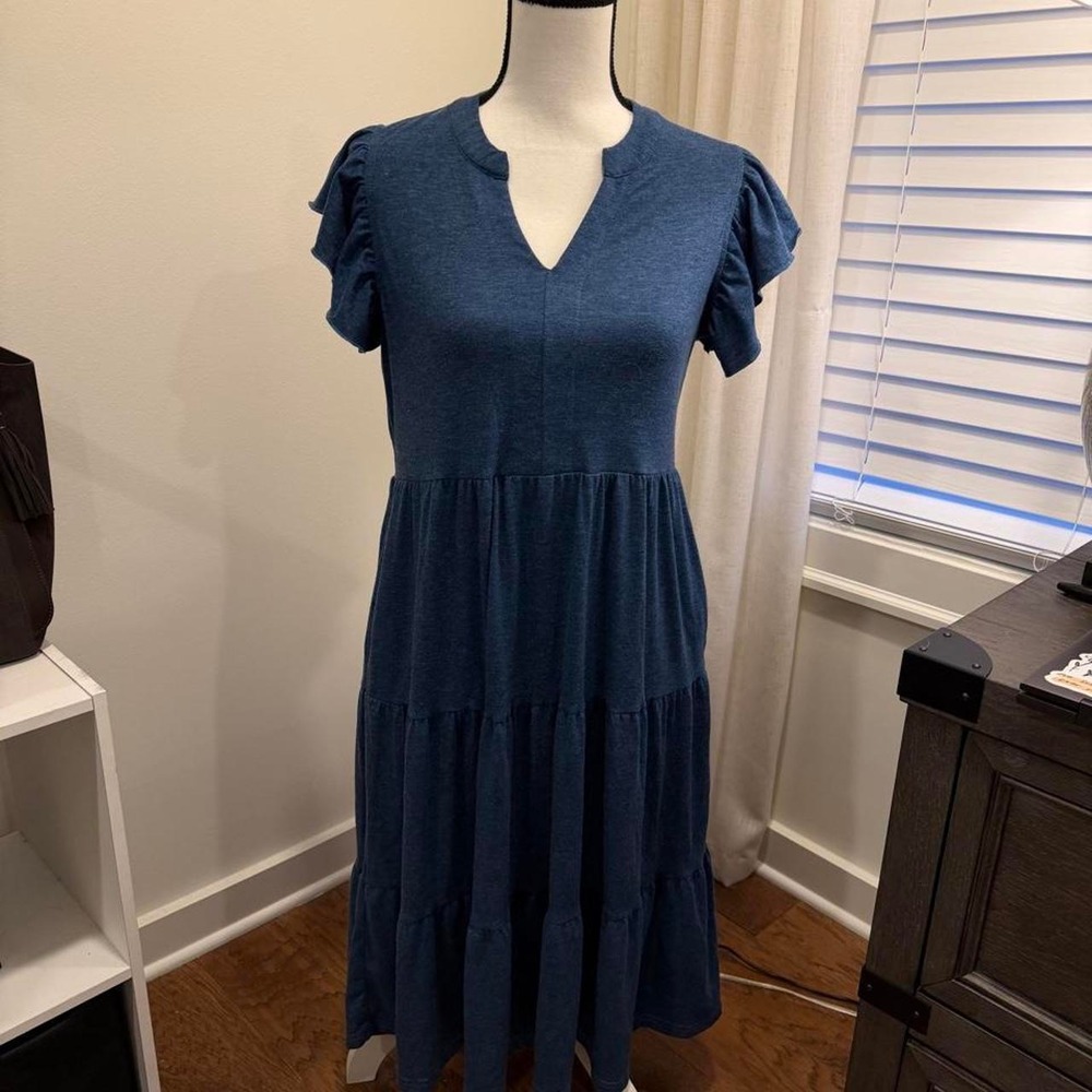 Blue Heathered Tiered Midi Dress Flutter Sleeve Split V-Neck Pocketed Small